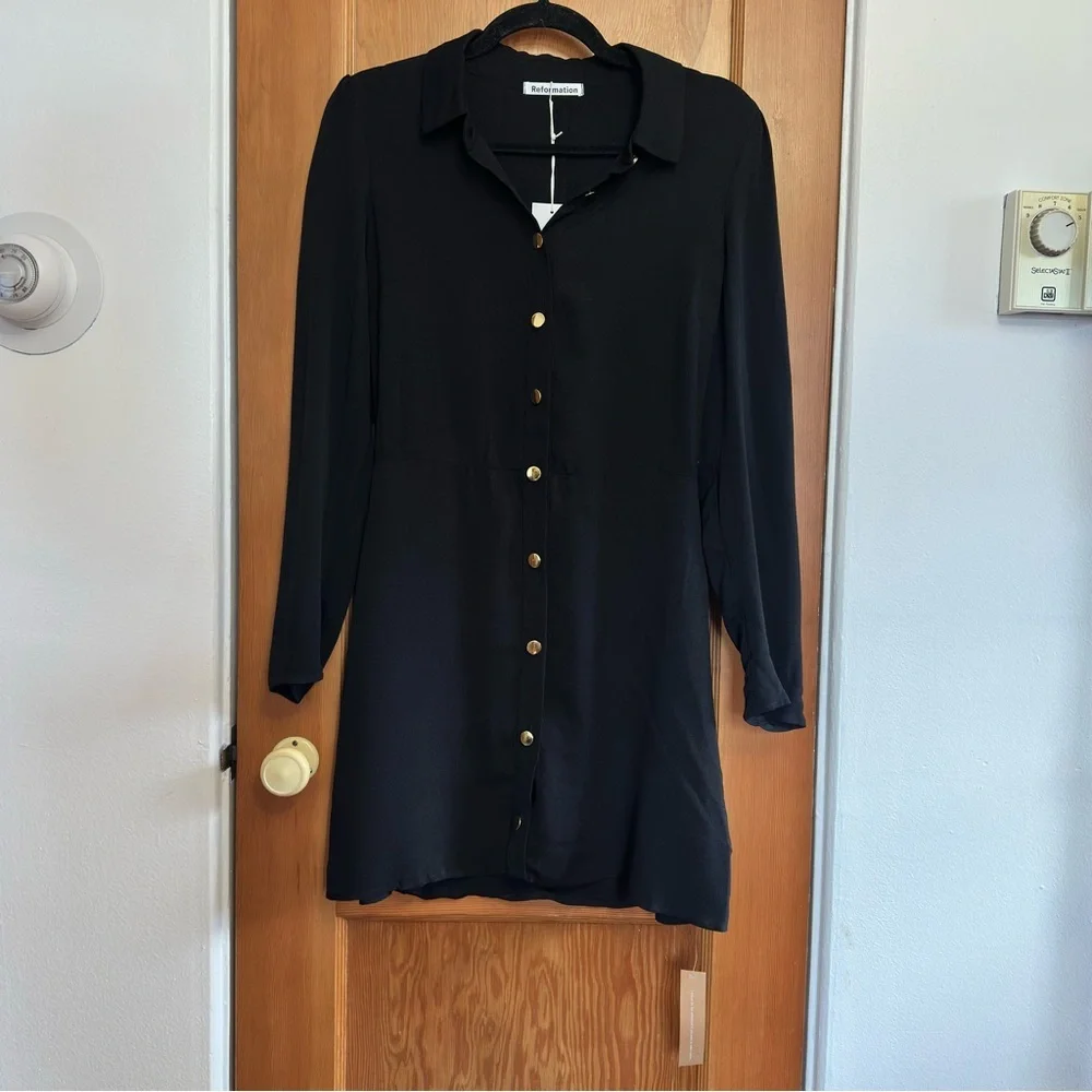 reformation hugh button up long sleeve mini shirt dress - Picture 3 of 8